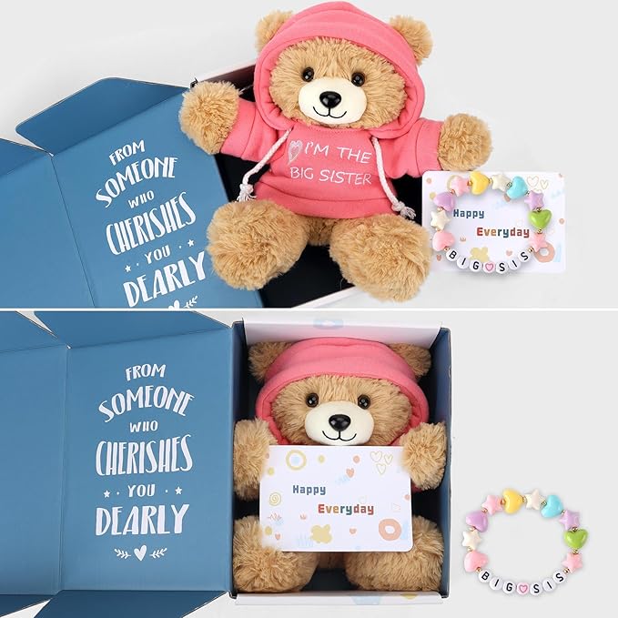 “I’m The Big Sister” Teddy Bear Stuffed Animal with Gift Box Removable Pink Hoodie Bracelet, Big Sister Gifts for Girls Who Promoted to Big Sister with Beautiful Greeting Card