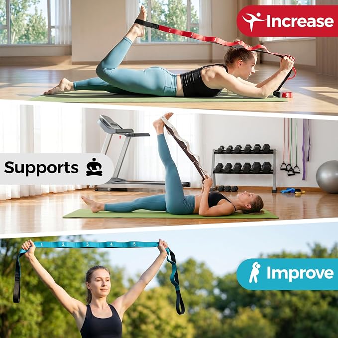 Slim Panda Stretching Strap with Loops - Non-Elastic Heavy Duty Nylon Yoga & PT - Oversized Multi-Loop Home Rehab - Hamstring Shoulder Pilates Flexibility