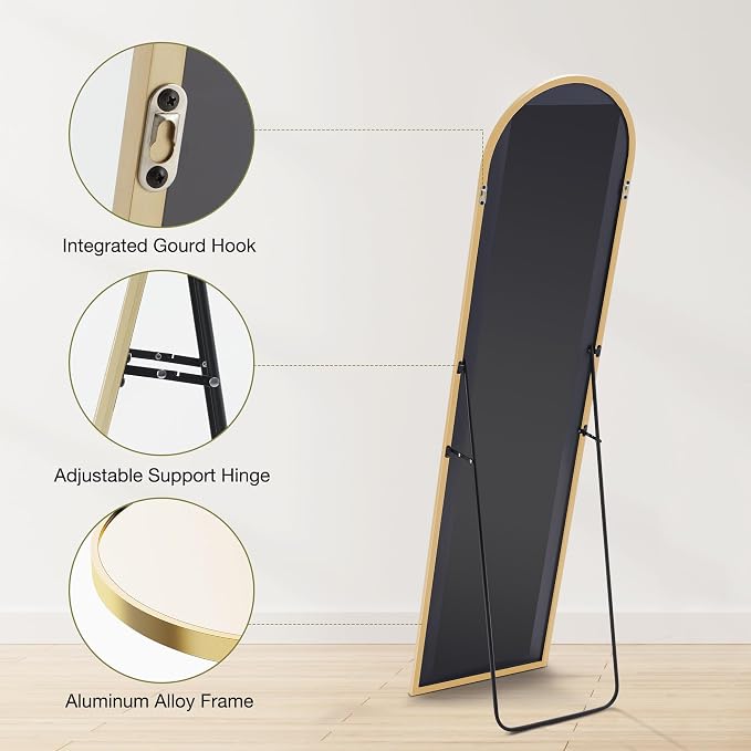 OLIXIS Arched Full Length Mirror with Stand, Full Body Mirror, 60x16 | Hanging or Leaning Wall, Aluminum Alloy Thin Frame, Floor Living Room Bedroom, Long, Gold