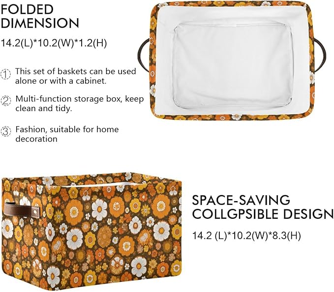 Aslsiy Storage Basket Orange 60s 70s Style Nursery Bins Retro Floral Baby Box Canvas Clothes Shelf Basket Laundry Hamper Gift Baskets for Home Closet 1 Pcs