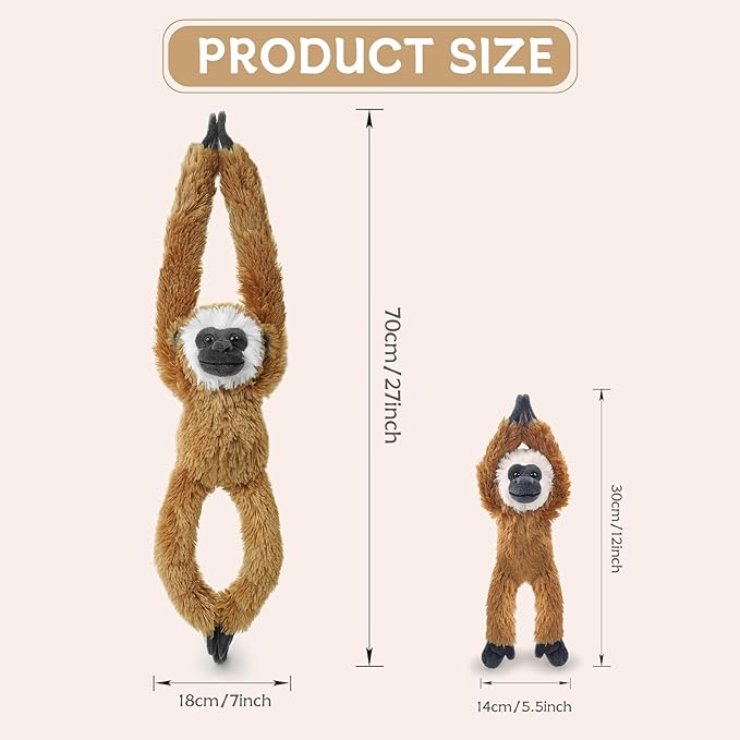 2pcs Monkey Hanging Stuffed Animal Mother with Baby Hangs Plush Toys, Hooks and Stuffed Animals with Rings for Kids 4-8, Gifts for Boys and Girls (Brown