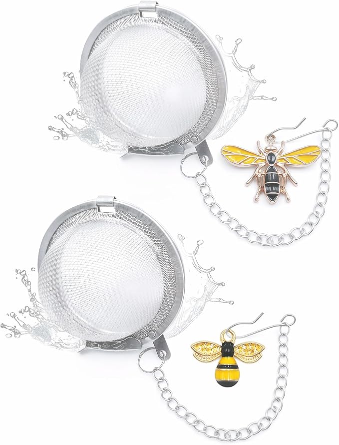 2 Pack Stainless Steel Mesh Tea Infuser with Adorable Yellow Bees Charm - Handmade Tea Ball Strainers for Loose Leaf Tea, Bee-Shaped Tea Steeper Gifts for Tea Lovers
