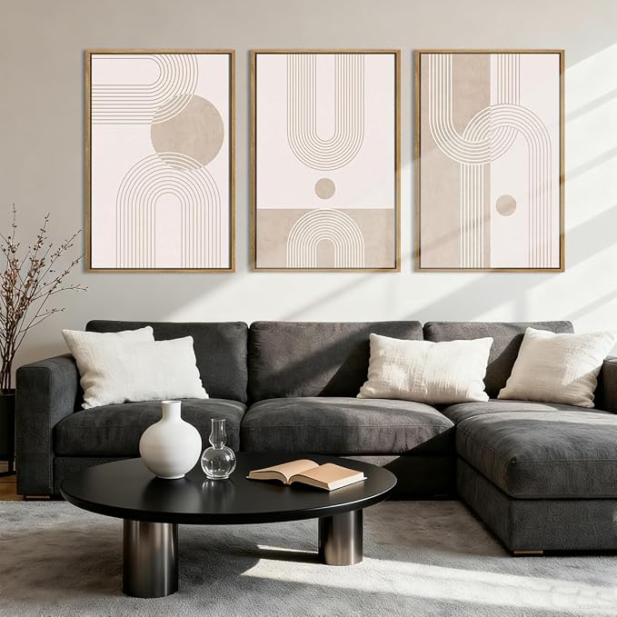 ANHUIB Neutral Boho Abstract Canvas Wall Art Set of 3 Framed Mid Century Modern Wall Decor Beige Geometric Line Artwork Minimalist Prints 16x24 Inch Painting for Living Room Bedroom Dining Room Office