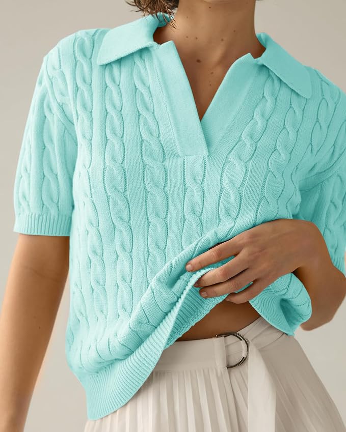 Imily Bela Womens Cable Short Sleeve Sweaters Tops Lapel V Neck Knit Shirt | Solid,Knit Casual,Soft Pullover,Fall Sweaters,Womens Summer Work Tops