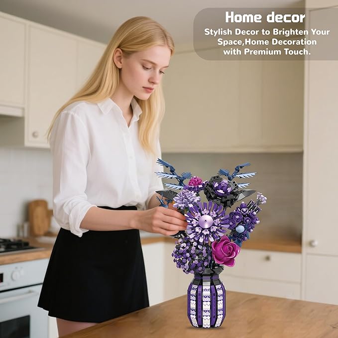 Purple Flower Bouquet Building Set with Vase Plant Botanical Collection for Adults Women Girl 14+ Gothic Home Decor