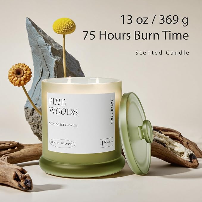 Hidden Label Pine Woods Soy Candle, 13oz 2-Wick, 45H Winter Holiday | Long Burn | Christmas Fir Aromatherapy | Non-Toxic Formula | Twin-Flame, Even Melt | Festive Gift