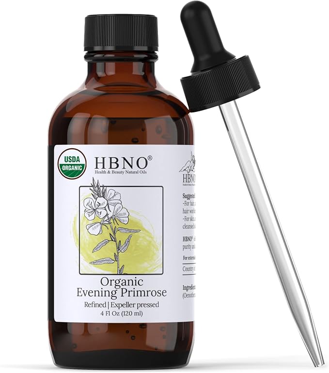HBNO California Bottled Organic Evening Primrose Oil 4 fl oz (120ml) - USDA Certified Organic Evening Primrose Oil, Cold Pressed Carrier Oil for Face, Body, Lips, Nails, Shampoo & Conditioner
