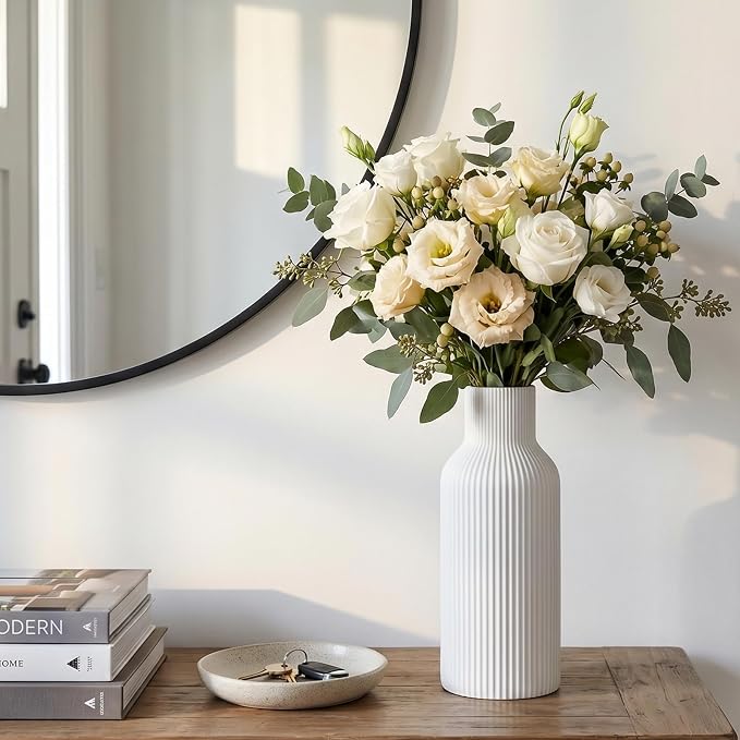 Large White Tall Ceramic Vase,Modern Matte Vertical Ribbed, Nordic Minimalist for Pampas, Dried & Fresh Flowers,Home Decor for Living Room, Coffee Table, Bookshelf, Entryway, Farmhouse