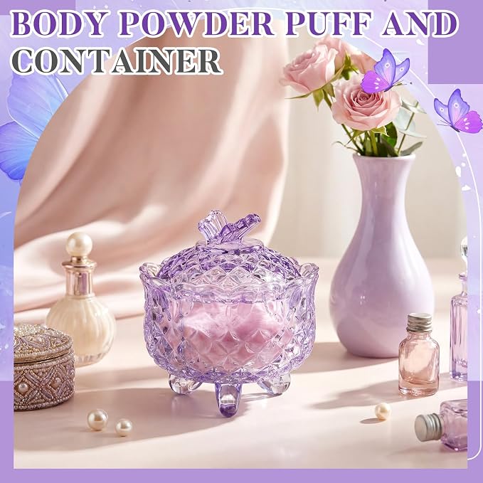 Tioncy 3 Pcs Large Body Powder Puff and Container Valentine's Day gift Powder Container with Puff Crystal Case Soft Washable Reusable Velour Face Body Glitter Wet Dry Makeup(Butterfly,Purple)