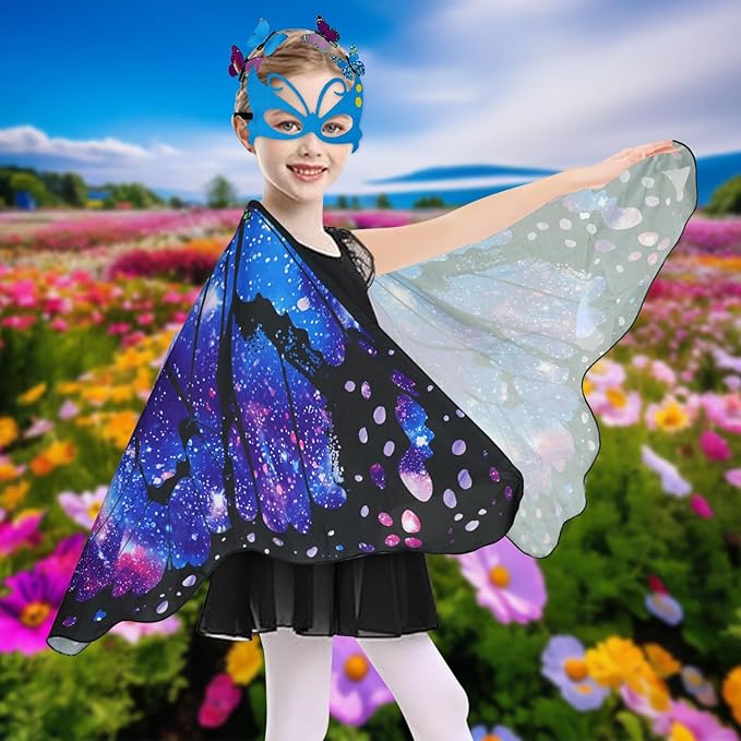 Butterfly Costume for Girls Fairy Wings Kids 4 Pcs(Cape,Skirts,Masks,Hair Clips) Butterfly Wings for Halloween Gifts (Starry Sky Blue)