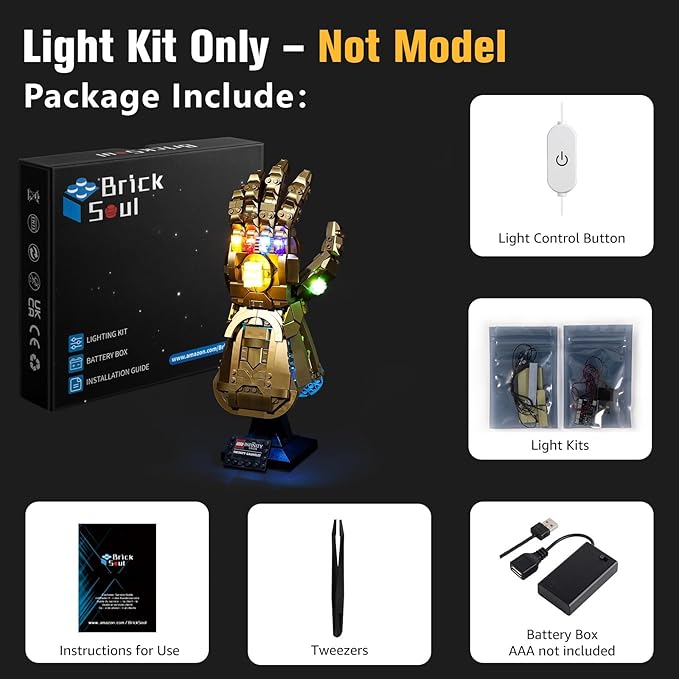 BrickSoul Light Up Kit Compatible with Lego 76191 Building Set, Upgrade Wired Dimmable Lighting Kits Compatible with Marvel Infinity Gauntlet Set for Thanos Glove, Not Included 76191 Building