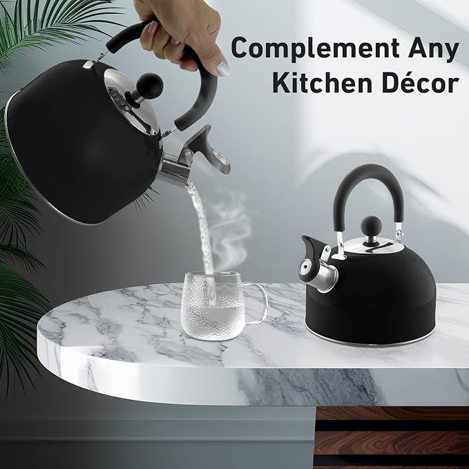 Lily's Home 2 Quart Stainless Steel Whistling Tea Kettle, the Perfect Stovetop Tea and Water Boilers for Your Home, Dorm, Condo or Apartment. (Black)