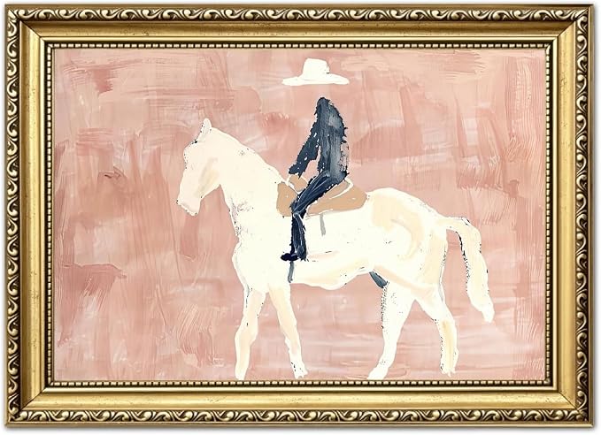 Gold Framed Western Cowboy Wall Art, Modern Abstract Cowboy on Horse Wall Decor Painting Vintage Southwestern Ranch Canvas Prints Picture for Farmhouse Living Room Bedroom 12x16 inch