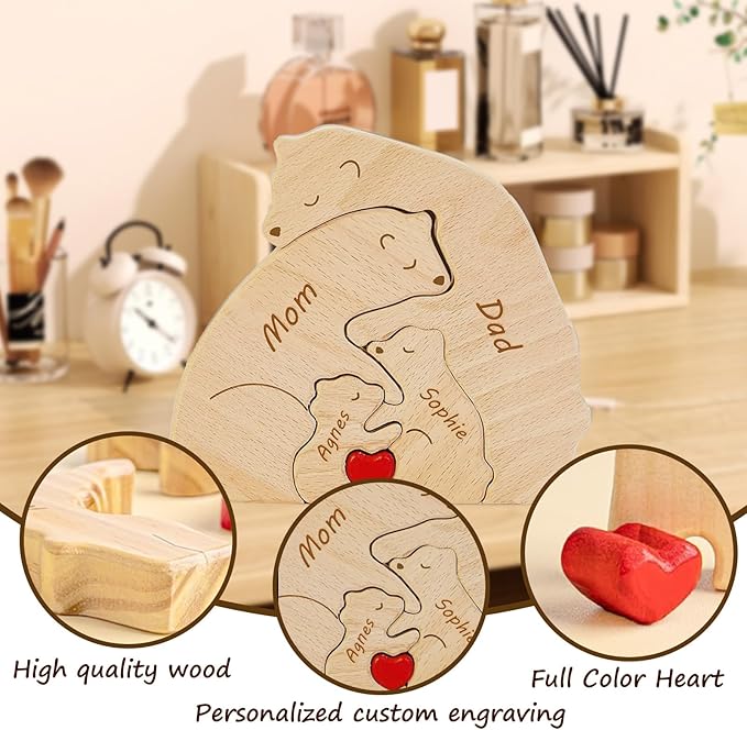 Personalized Wooden Bear Puzzle - Customizable with 2-8 Names, Home Decor Housewarming Gift Unique Wooden Animal Decoration