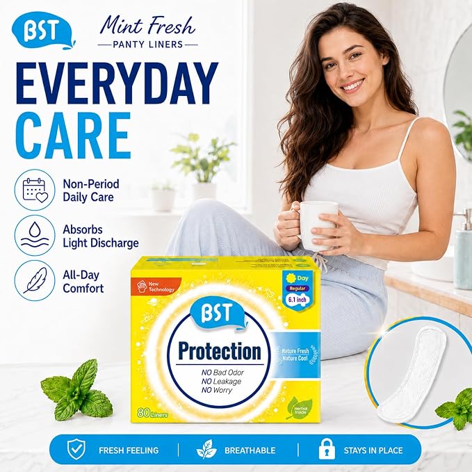 BST Mint Fresh Wingless Panty Liners for Women, Invisible Breathable Ultra Thin Daily Pantiliner, Odor Fighting, Daily Feminine for Light Flow (6.1 Inch 80 Count, Packaging May Vary)