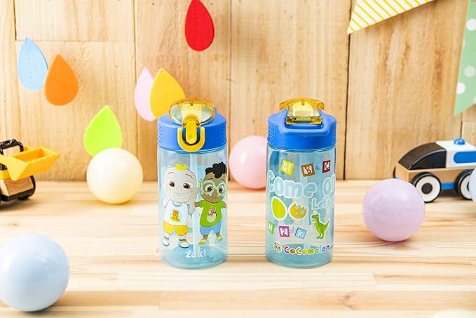Zak Designs CoComelon Kids Water Bottle with Spout Cover and Built-In Carrying Loop, Durable Plastic, Leak-Proof Water Bottle Design for Travel (16 oz, 2-Pack, Non-BPA)