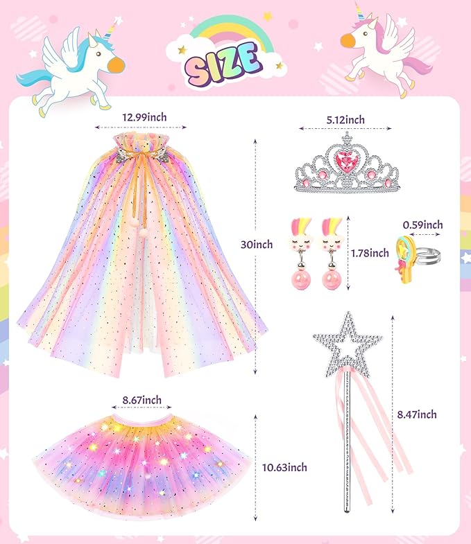 Light up Princess Dress up Clothes for Little Girl, Unicorn Princess Cape Princess Dresses Crown Toy for 3 4 5 6 Girls