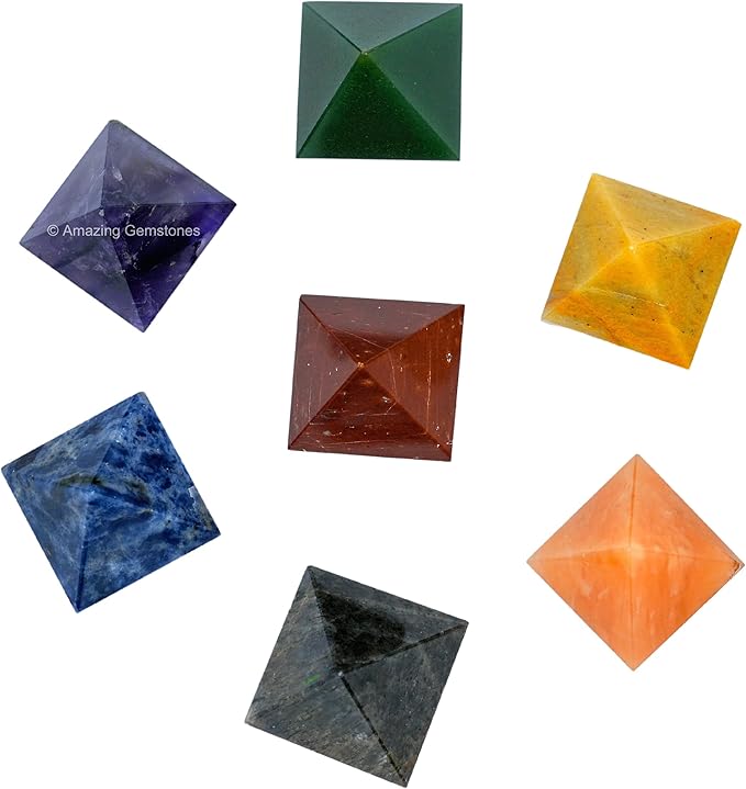 Amazing Gemstone 7 Chakra Pyramid Set for Reiki Healing Crystal with Engraved Reiki Symbols - Energy Balancing Polished Chakra Set with Velvet Pouch