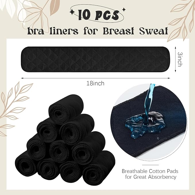 Toulite 10 Pcs Reusable Bra Liners for Sweat, 3 Layer Bra Sweat Pads, Soft Cotton Outer Layer with Polyester Fiber Core