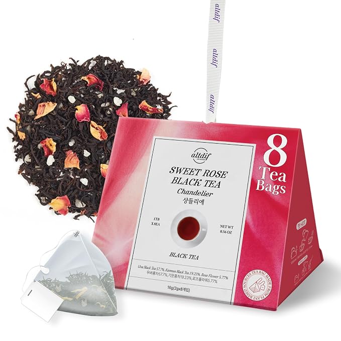 ALTDIF Sweet Rose Black Tea Chandelier Tea Bag Set – Bright & Fragrant Black Tea with Muscat, Rose, and Citrus Notes – Luxury Tea Set for Celebrations, Tea Aids, and Tea Cocktails - 8 Pyramid Teabags