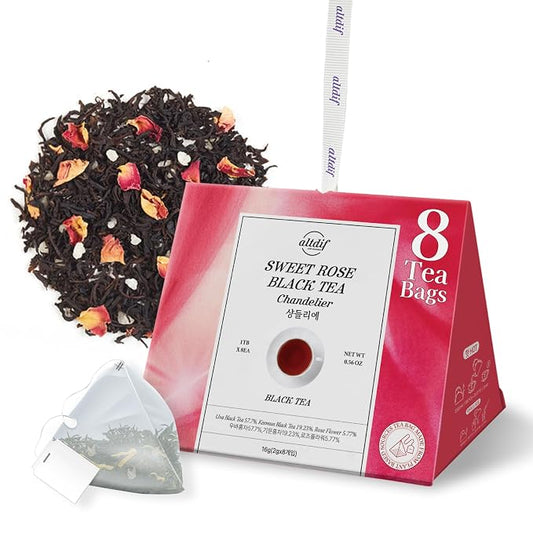 ALTDIF Sweet Rose Black Tea Chandelier Tea Bag Set – Bright & Fragrant Black Tea with Muscat, Rose, and Citrus Notes – Luxury Tea Set for Celebrations, Tea Aids, and Tea Cocktails - 8 Pyramid Teabags