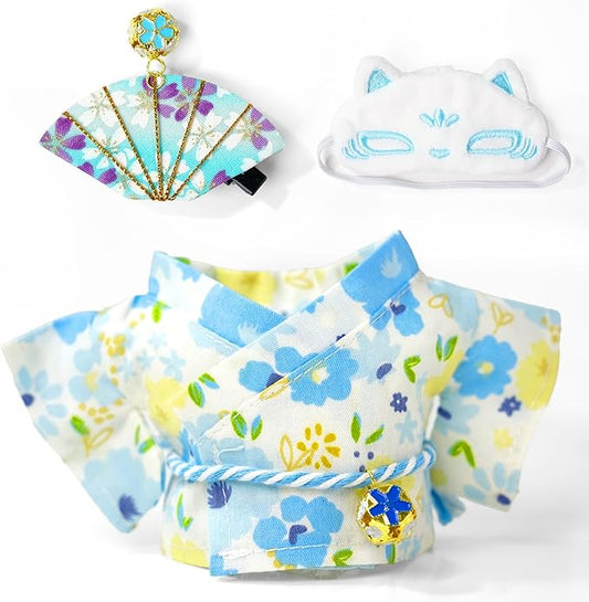 17cm Doll-Clothes-Set,Outfit Accessories Kimono Set for 6.7inch Dolls Boys, Kawaii Chic Designer Style Fan Pattern Hairbow+Blue Clothing Pajamas+Cute Mask for Halloween(NO Doll)
