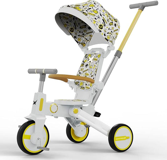 Adventure Pro Summer Edition - Foldable Tricycle for Toddlers-Big Canopy, Basket,Travel Backpack and Parent Bag - Toddler Tricycle for Ages 10 Months to 5 Years (White/Emoji)