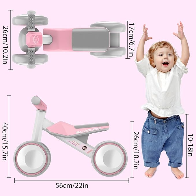 Colorful Lighting Baby Balance Bike Toys for 1 Year Old Girls Gifts, Toddler First Bike 12-24 Months with Adjustable Soft Seat, 4 Silent Wheels Ride on Toy, Perfect First Birthday Gift