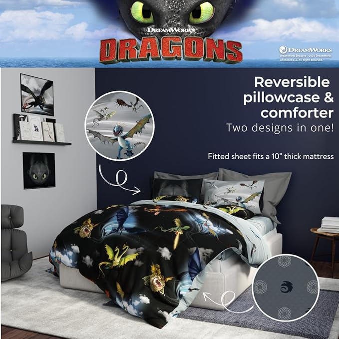 How to Train Your Dragon Kids Bedding Super Soft & Cozy Reversible Microfiber Comforter and Sheet Set with Sham, 7 Piece Full Size, (Officially Licensed Product) By Franco