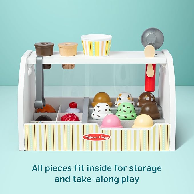 Melissa & Doug Wooden Scoop & Serve Ice Cream Counter, Pretend Play Store, 28 Toy Food & Play Kitchen Accessories, Preschool Toys for Girls & Boys 3+