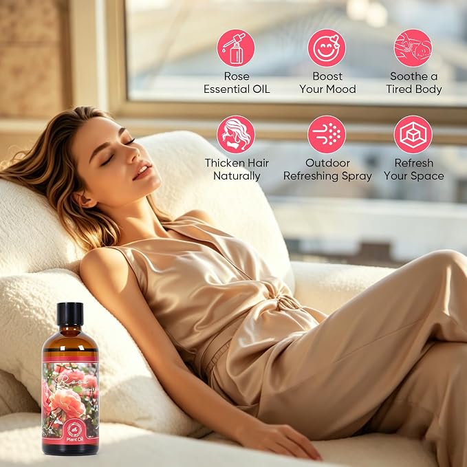 Essential Oil Rose 3.38 fl oz with Glass Dropper, Pure Fragrance Oils | Natural Essential Oils for Diffusers for Perfect for Diffuser, Home, Yoga, DIY Candle and Soap Making - 100ml