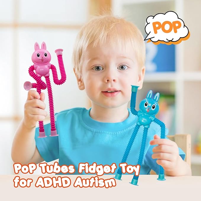 Pop Tubes Rabbit Fidget Toys for Kids, 2Pack Fidget Pop Toys Telescopic Suction Cup Toy for Stress and Anxiety Relief, Stocking Stuffers Gift for Kids and Toddlers (2Pack Rabbit)
