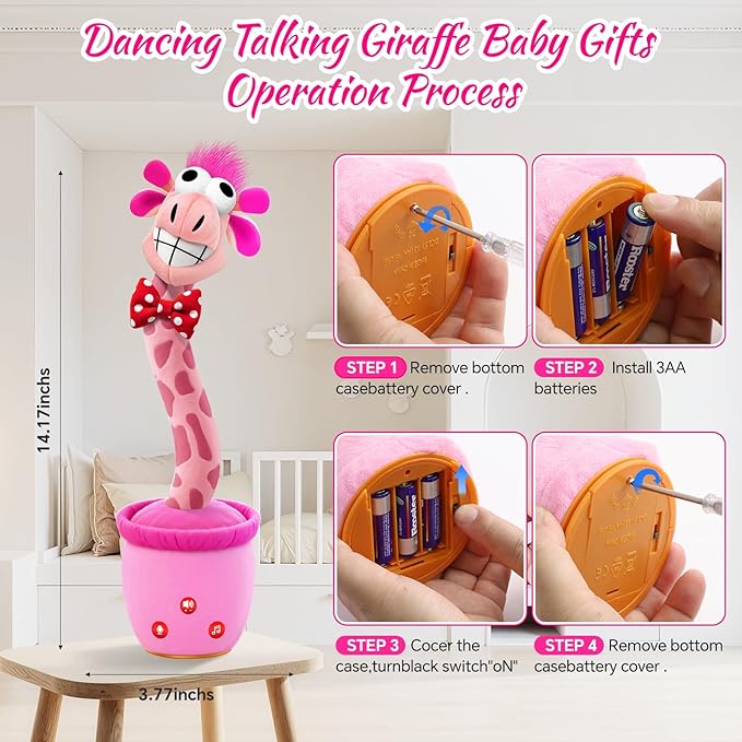 Talking Dancing Giraffe Toy,Interactive LED Repeat Record Singing Wriggle Mimicking Girls Boys Toddler Toys,Fun Baby Stocking Stuffers for Kids 2025 Best Christmas Novelty Gifts 120 Song Pink