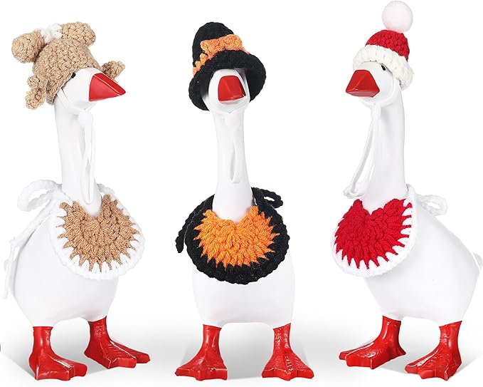 Geyoga 3 Pcs Mini Desk Goose Outfits 7 Inch Mini Knitting Hat and Bandana Knitting Desk Goose Headwear Bibs Accessory for Magnetic Statue Table Decor Gifts (Halloween Style)