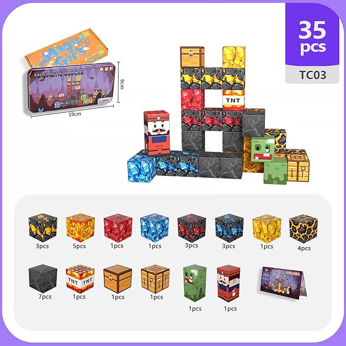 Magnetic Blocks Set, 35PCS Educational STEM Mine Tunnel Travel Building Toys for Kids 3+, Portable Magnetic Block with Metal Storage Box, Toddler Learning Toys for Boys Girls 4-8 Birthday Gift