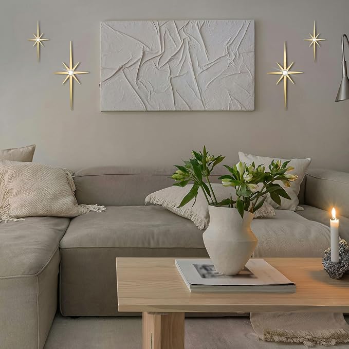 4 Pcs Star Wall Art for Home Decor Living Room Bedroom Office Metal 3D,Bling,with Hanging Hook Starburst Midcentury Sculpture Retro Gallery Accent Celestial -Gold 16.5in/9.4in