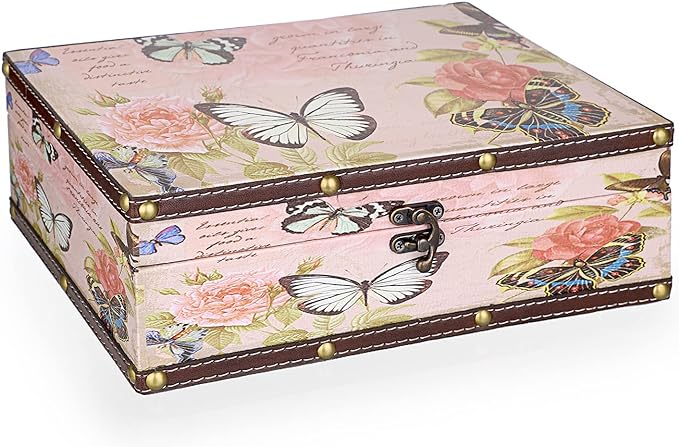 ELLDOO Butterfly Treasure Chest Box, Vintage Wooden Decorative Box | Treasure Storage for Jewelry Trinkets Photos, Rectangular Keepsakes box for Girls Women Gifts