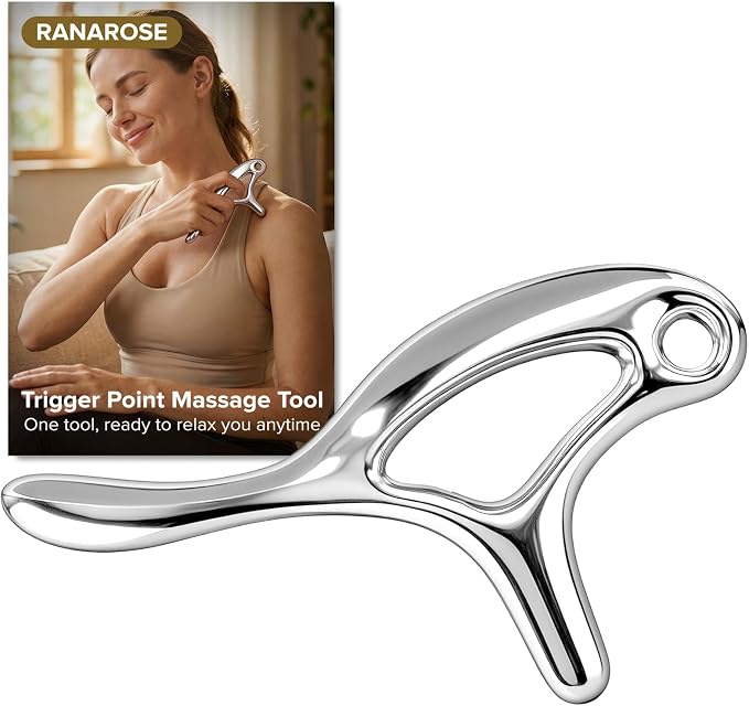 Ranarose Trigger Point Massage Tool for Deep Tissue – 6 in 1 Metal Scraper Tool, Fascia Massage Tool for Body Pain Relief, Myofascial Relief, Gua Sha, Thumb Saver & Acupressure Tool