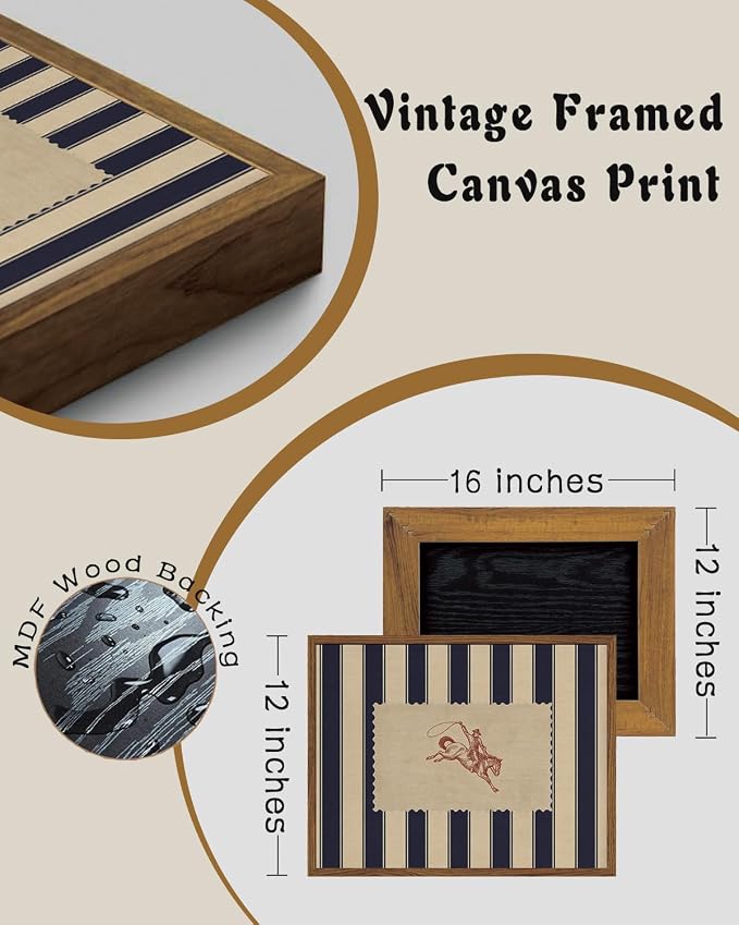 ZZLWBKGL Western Wall Decor Striped Cowboy Canvas Art Vintage Wall Art | Farmhouse Artwork Retro West Country Aesthetic Mid Century Rodeo Paintings Living Room Bedroom 12x16in