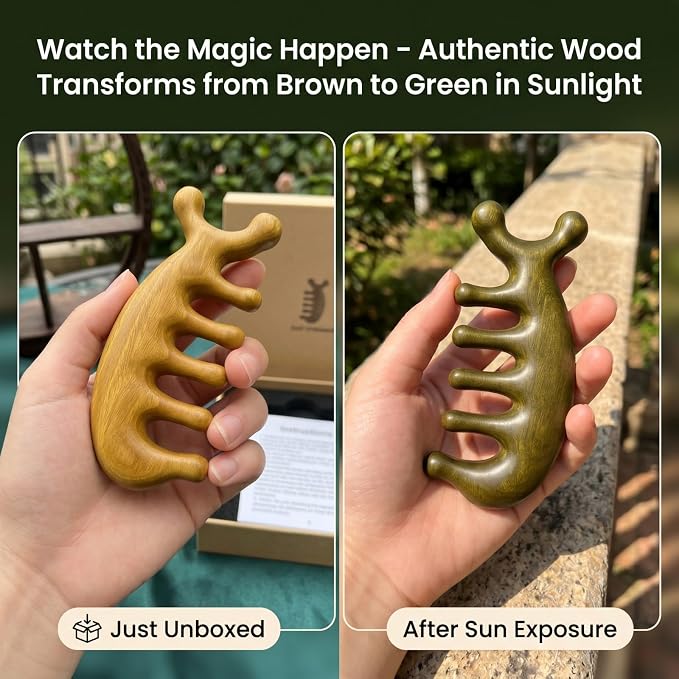 Melune Green Sandalwood Scalp Massager, Dolphin-Shaped Manual Head Massager with Rounded Wooden Teeth, Handheld Massage Tool for Scalp, Neck, Face and Daily Relaxation, Portable Self Care Gift