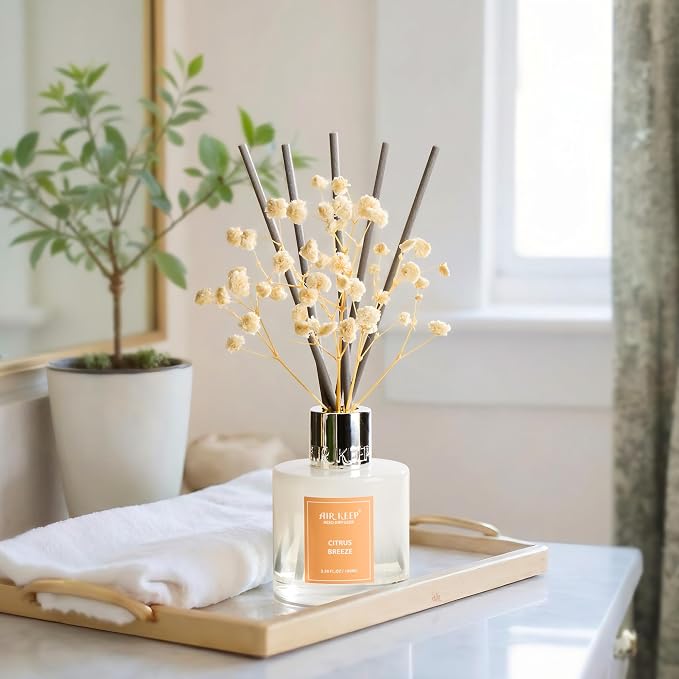 Airkeep Reed Diffuser Set,3.38 fl oz (100 ml) - Citrus Breeze Oil Diffusers with 8 Reed Sticks, Home Fragrance Reed Diffuser for Bathroom Shelf Decor