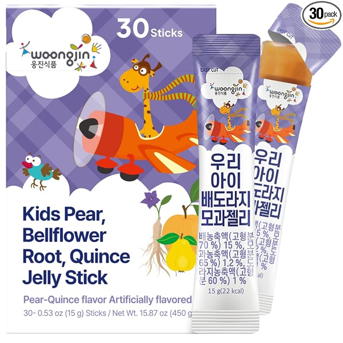 Korean Food Woongjin Pear Bellflower Quince Jelly Stick, Fruity Flavor 30Pk | Naturally sweetened fruit-flavored jelly sticks in individually wrapped portable packs