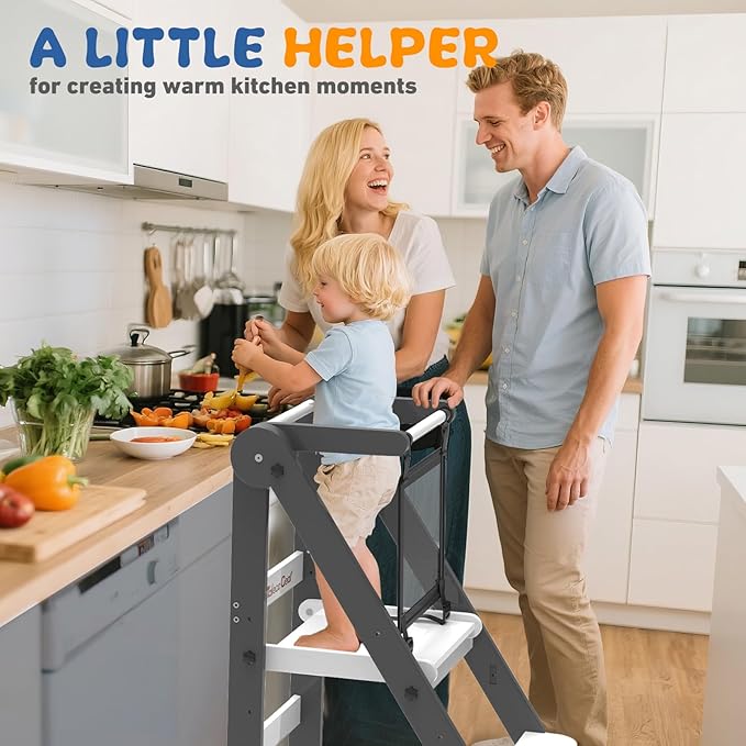 Foldable Toddler Tower, Toddler Kitchen Stool Helper with Safety Net, Wooden Kitchen Step Stool for Toddlers with Adjustable Height, Standing Tower for Learning and Cooking(Blue)