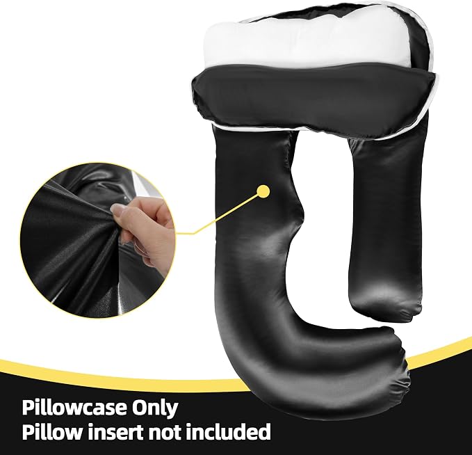 BALAPET Silky Satin Pregnancy Pillow Cover (ONLY Pillowcase), U Shaped Smooth Maternity Pillow Cover with Hidden Zip, Luxurious Soft & Breathable Large Pillow Protector for Side Sleeper, Black