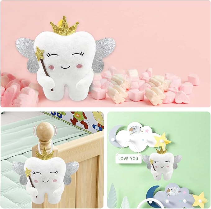 Tooth Fairy Pillow with Shiny Wings Embroidered Tooth Fairy Doll with Pocket Crystal Velvet Tooth Fairy Souvenir Boy Girl Gift (White) (White)