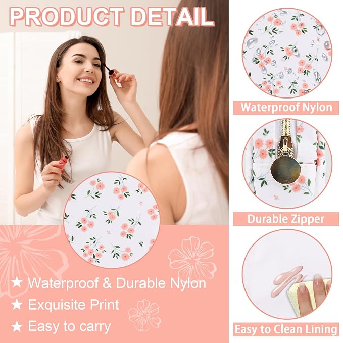 UIXIZQ Waterproof Mini Floral Makeup Bag Pouch for Purse,Nylon Flower Cosmetic Travel Bag Small Preppy Toiletry Organizers Bag for Women Girl,Cute Zipper Pouch Coin Purse for Work(Mini White-Flowers)
