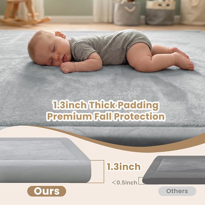ACOMOPACK Baby Play Mat for Floor 1.3" Thick Memory Foam Play Mat 39"×59" Tummy Time Crawling with Non-Slip Bottom for Living Room,Nursery,Soft Velvet Playpen Mats for Kids,Infants（Light Grey）
