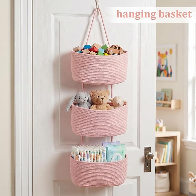 TeoKJ Over the Door Hanging Basket, 3-Tier Woven Cotton Wall-Mounted Storage Organizer Bag Decorative Hanging Nursery Baskets, Pink