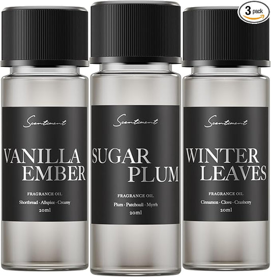 Scentiment Discovery Set – Vanilla Ember, Sugar Plum & Winter Leaves | Warm Sweet Spiced Fragrance Oils | Cozy Home Scent Sampler for Cold Air Diffusers 3 x 0.68 fl oz (20 mL)