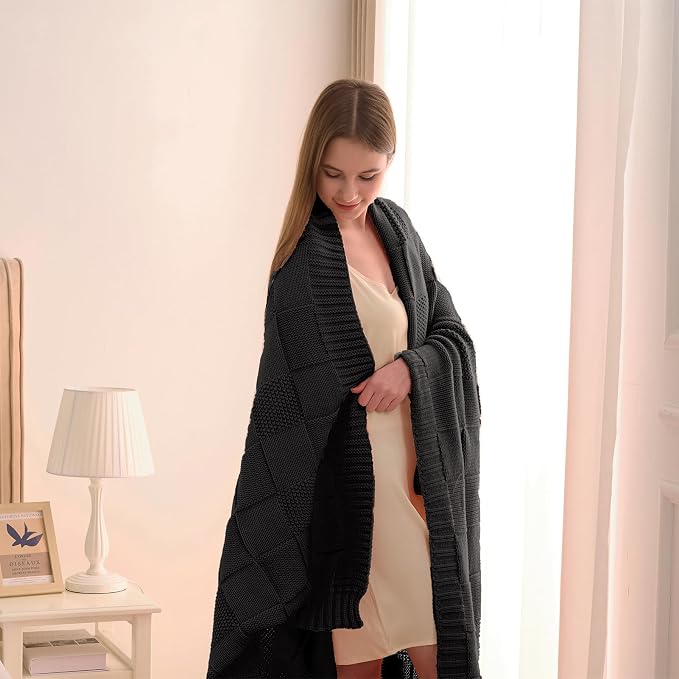 CozeCube Jet Black Knitted Checkered Throw Blanket 60"X80" | Check Knit Throw for Couch, Decorative Christmas Soft Cozy Warm Blanket for Bed Sofa Living Room